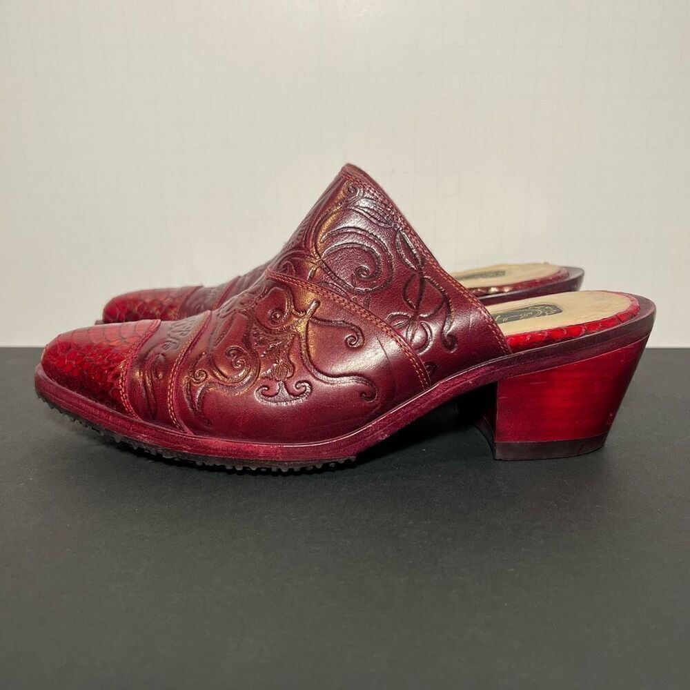 Womens SALPY Dallas Red Hand Tooled Snakeskin Slip On Mules / Size 5.5 - Picture 4 of 8